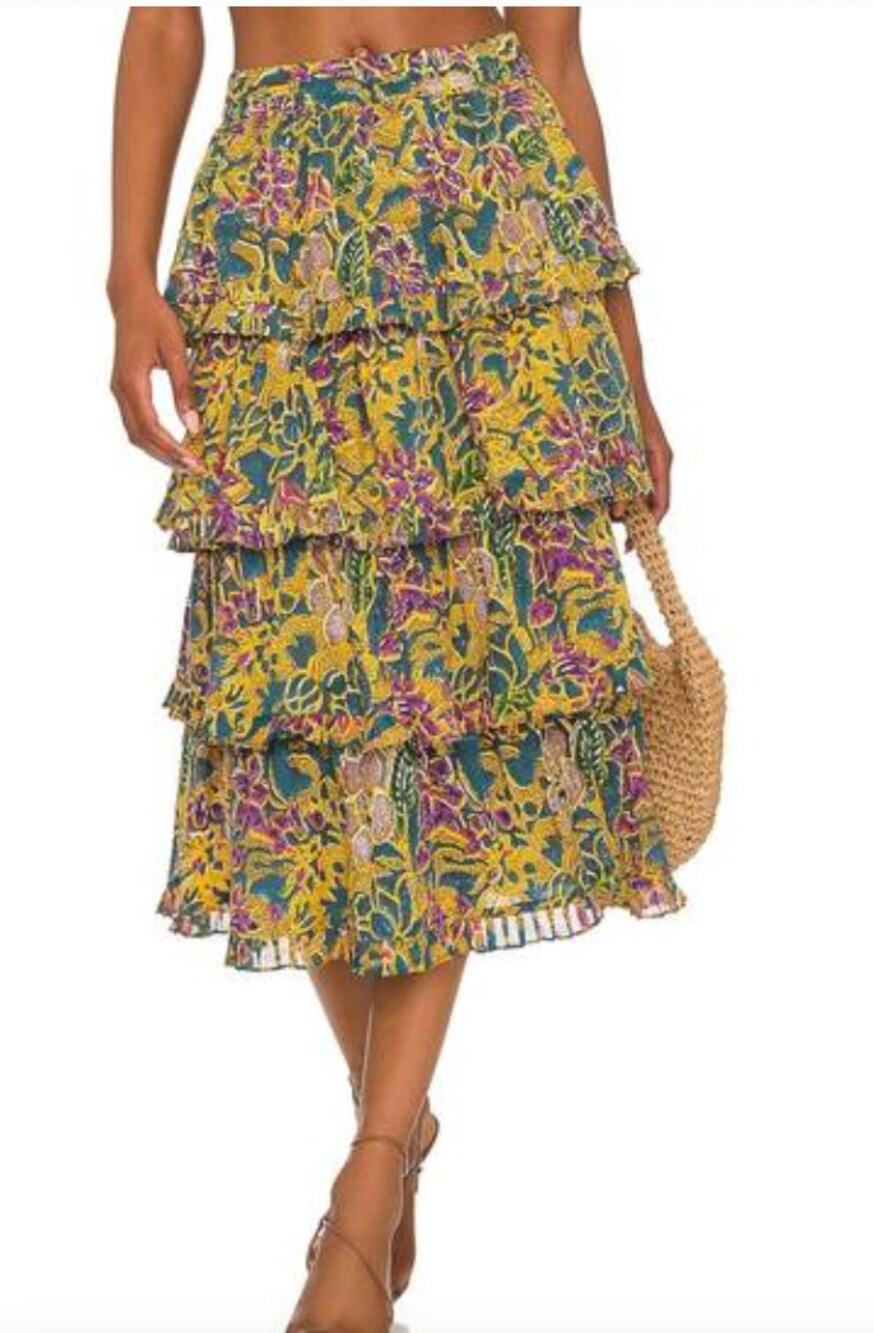 CLEOBELLA lana midi skirt layered tiered indo block yellow blue print Medium